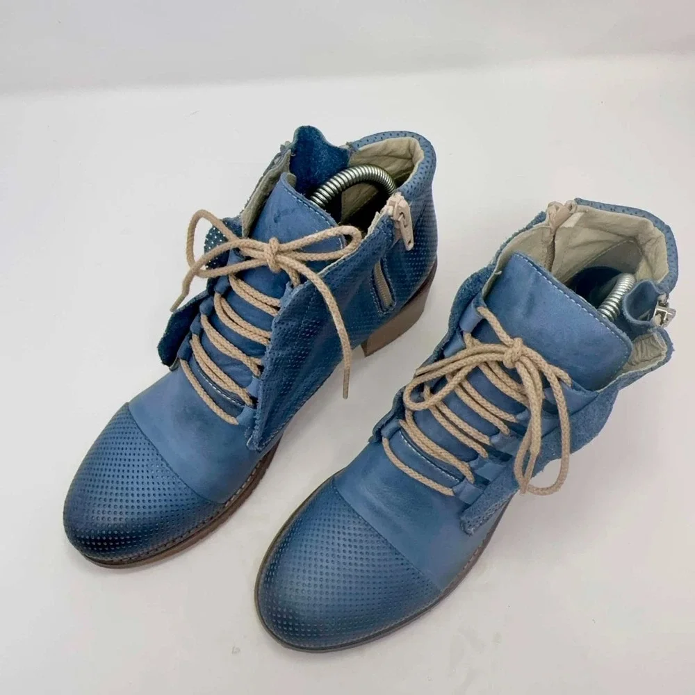 DEKY Italy Blue Leather Perforated Lace Up Ankle Boots Womens 40 US 9 Luxury